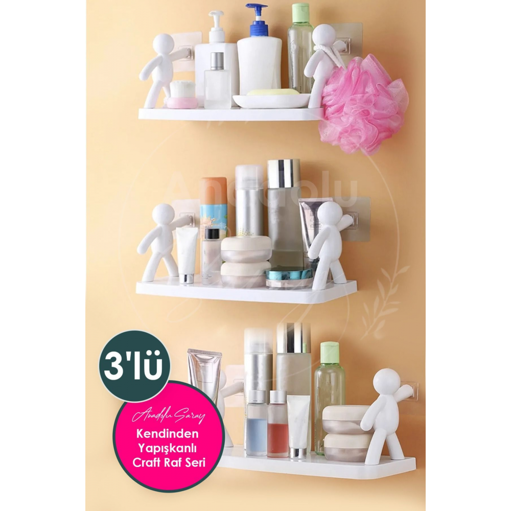3 ADET Kendinden Yapışkanlı Craft Banyo Rafı Tarz Baharatlık Rafı Organizer Düzenleyici - 3 Adet