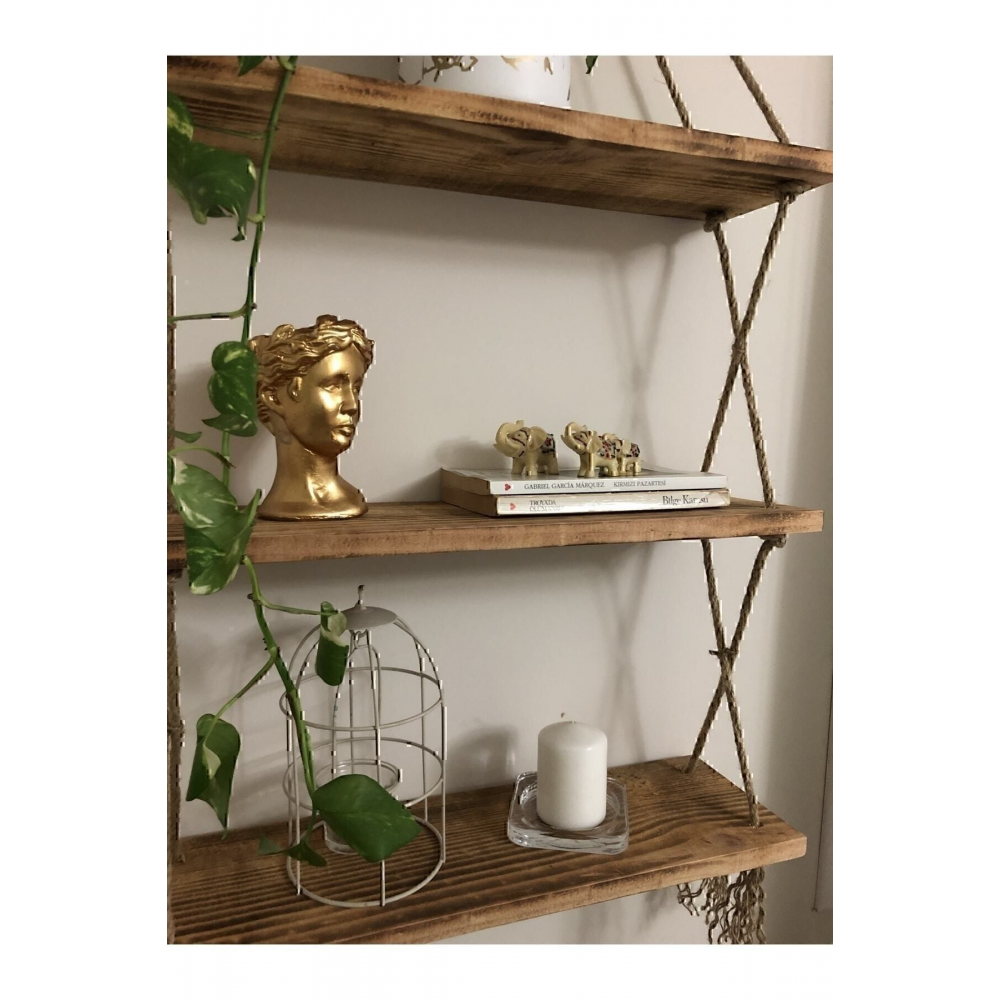 Ahşap Dekoratif Tasarım Özel Işlem 3’lü Halatlı Raf Kitaplık (HAZIR KURULU)