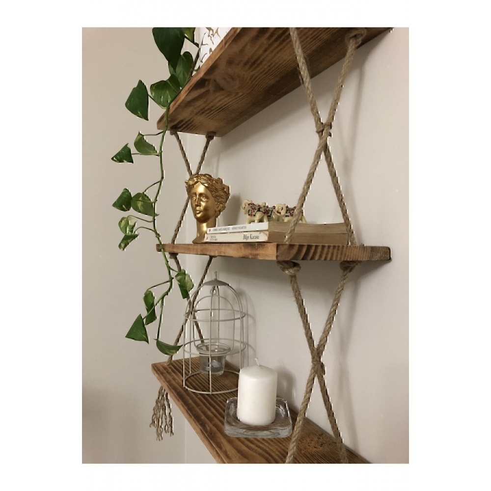 Ahşap Dekoratif Tasarım Özel Işlem 3’lü Halatlı Raf Kitaplık (HAZIR KURULU)