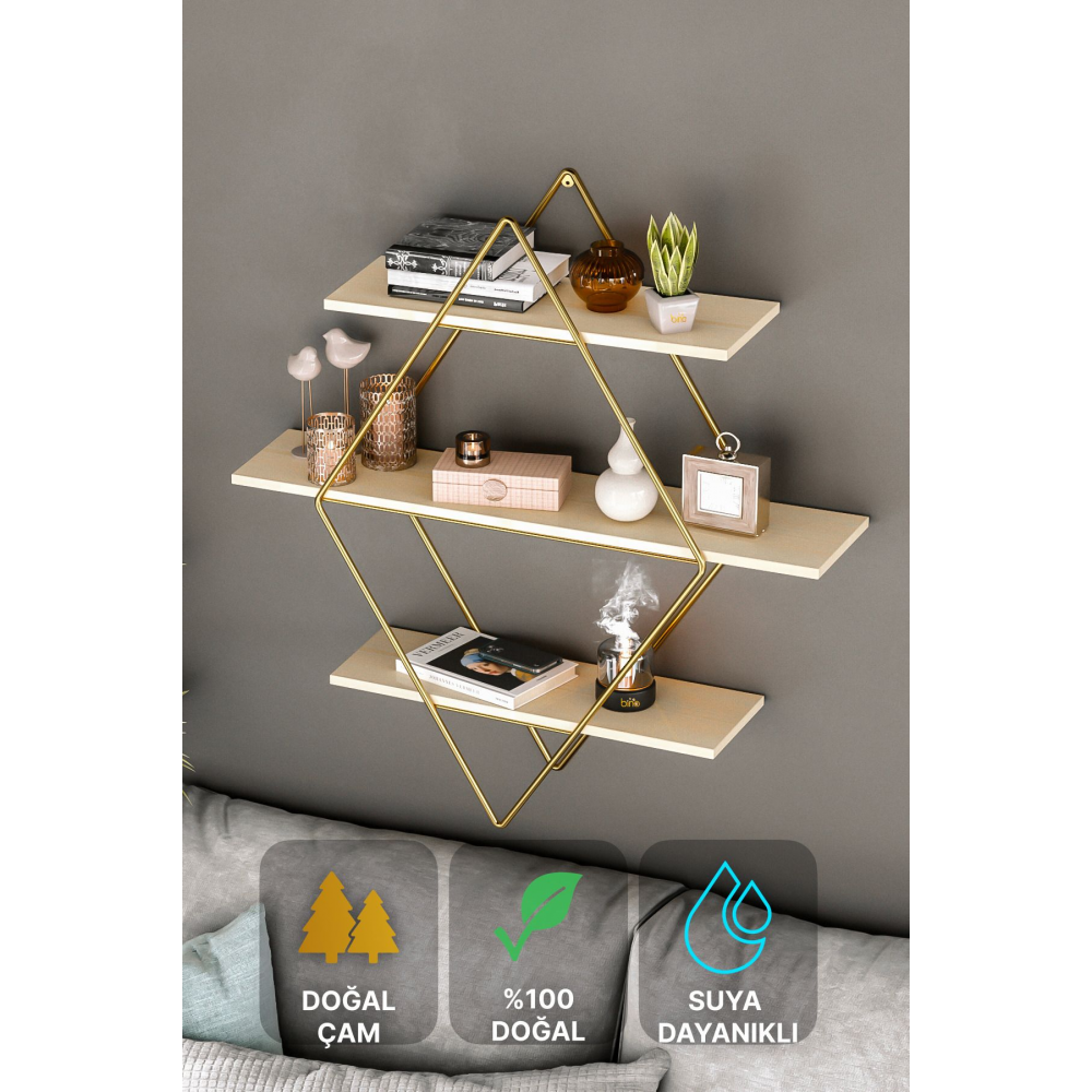 Büyük Boy Prizma Masif Duvar Rafı Mutfak Banyo Rafı Kitaplık