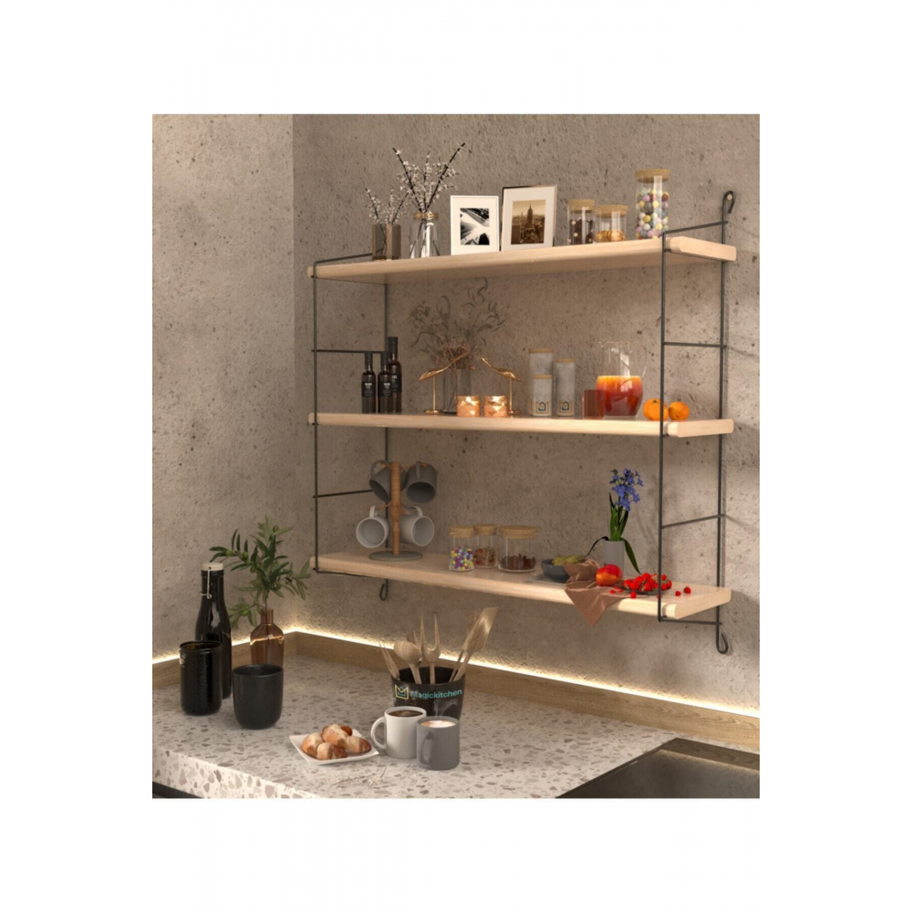 Çam Doğal Ahşap Büyük Boy 3 Katlı Duvar Rafı