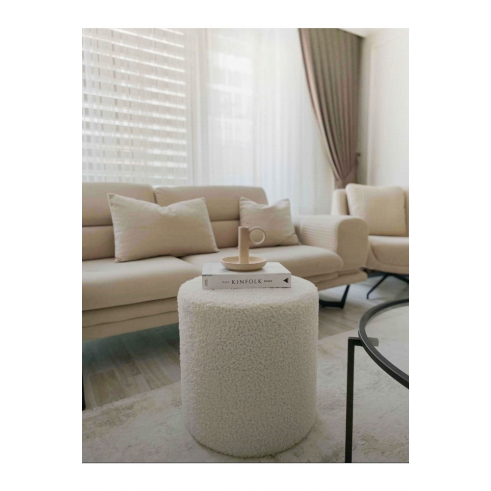 Handmade Kırık Beyaz Tedy Kumaş Silindir Dekoratif Pufidik Puf Bench