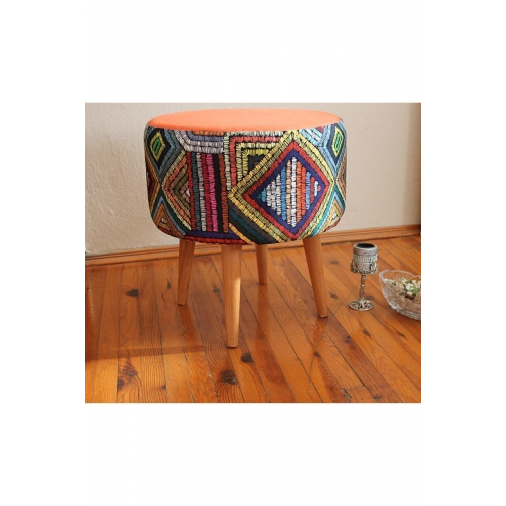 Retro Gürgen Ahşap Ayaklı Dekoratif Etnik Üst Kiremit Desenli Silindir Puf Bench