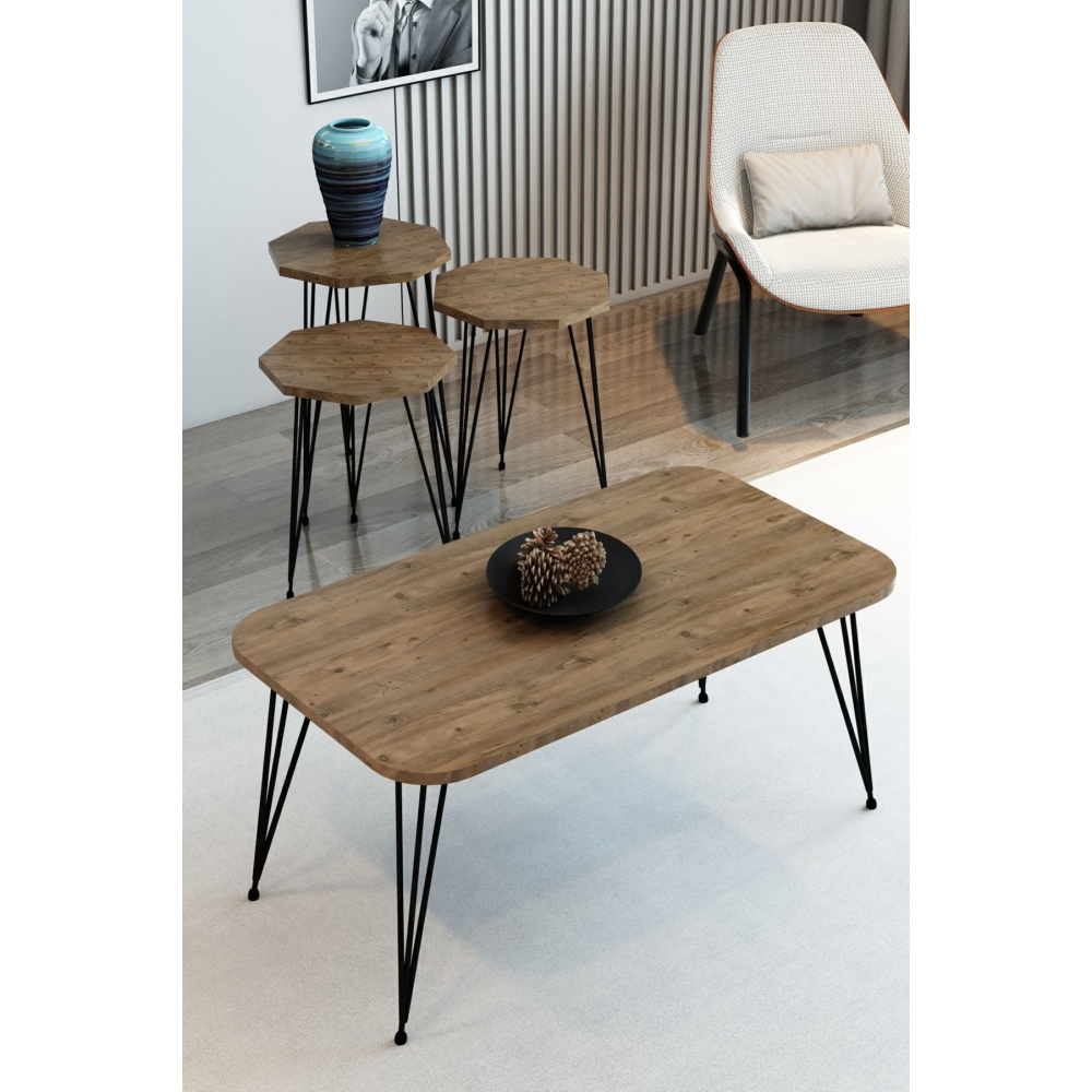 3'lü Zigon Sehpa Ve Orta Sehpa Set Sekizgen Sehpa Seti Tel Ayak Metal Sehpa Set