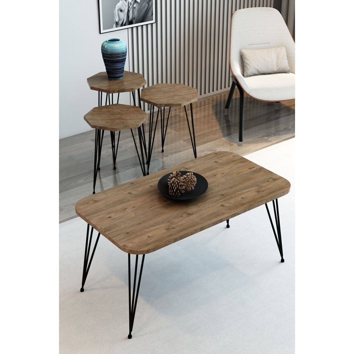 3'lü Zigon Sehpa Ve Orta Sehpa Set Sekizgen Sehpa Seti Tel Ayak Metal Sehpa Set