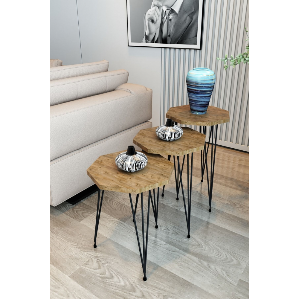 3'lü Zigon Sehpa Ve Orta Sehpa Set Sekizgen Sehpa Seti Tel Ayak Metal Sehpa Set