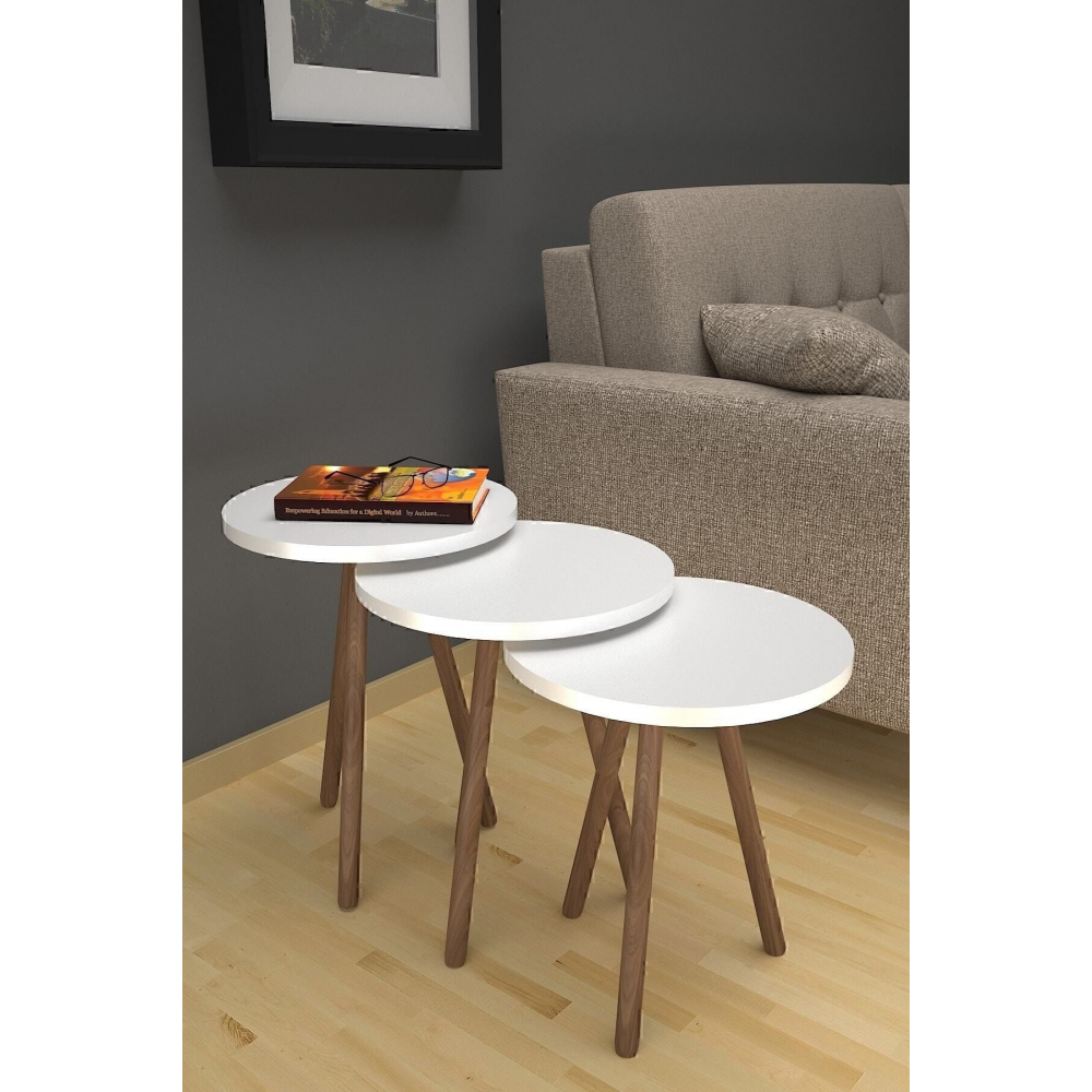 3lü Zigon Sehpa Ahşap Ayaklı Beyaz Yuvarlak