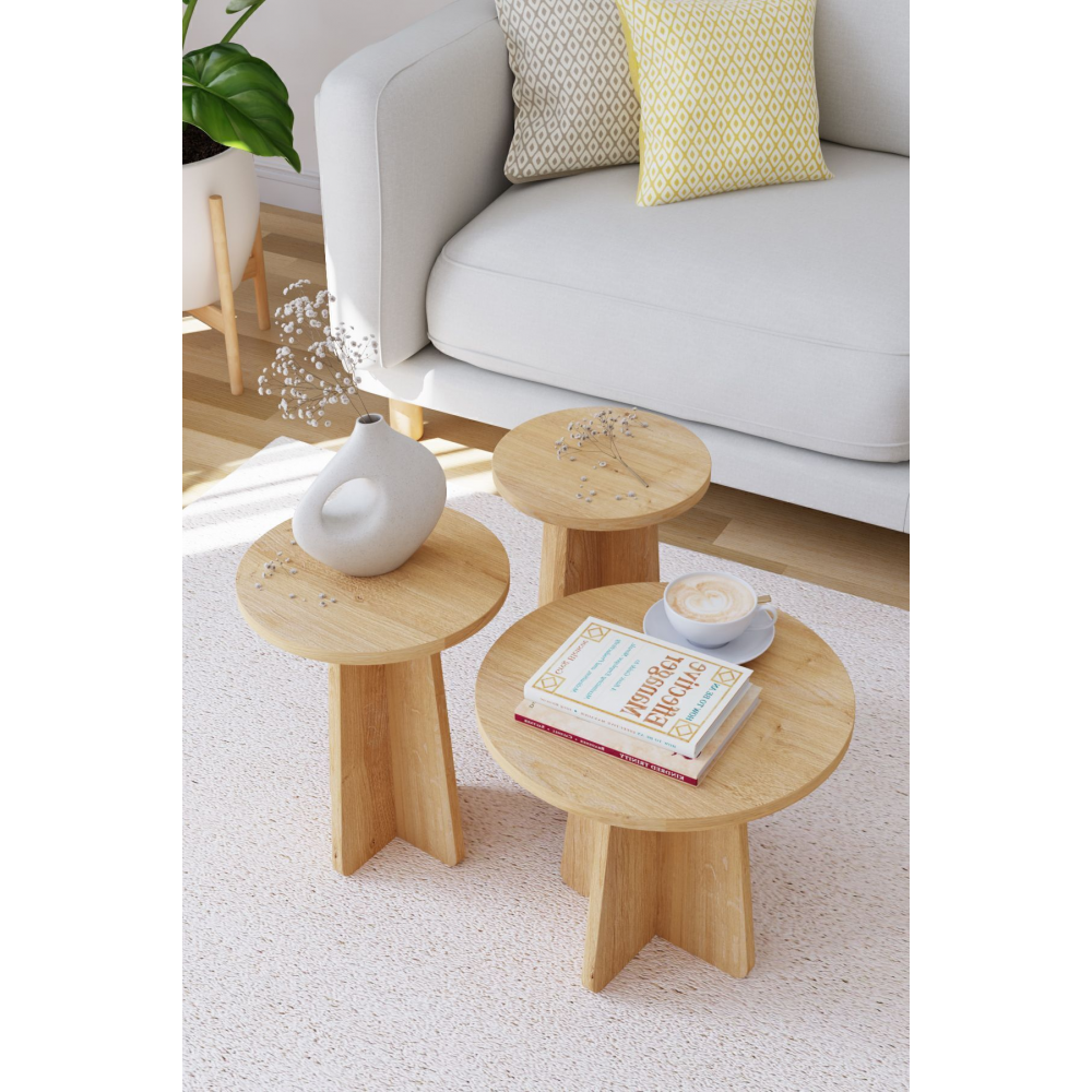 Mantar 3 Lü Zigon Sehpa Iskandinav Stili - Safir Meşe