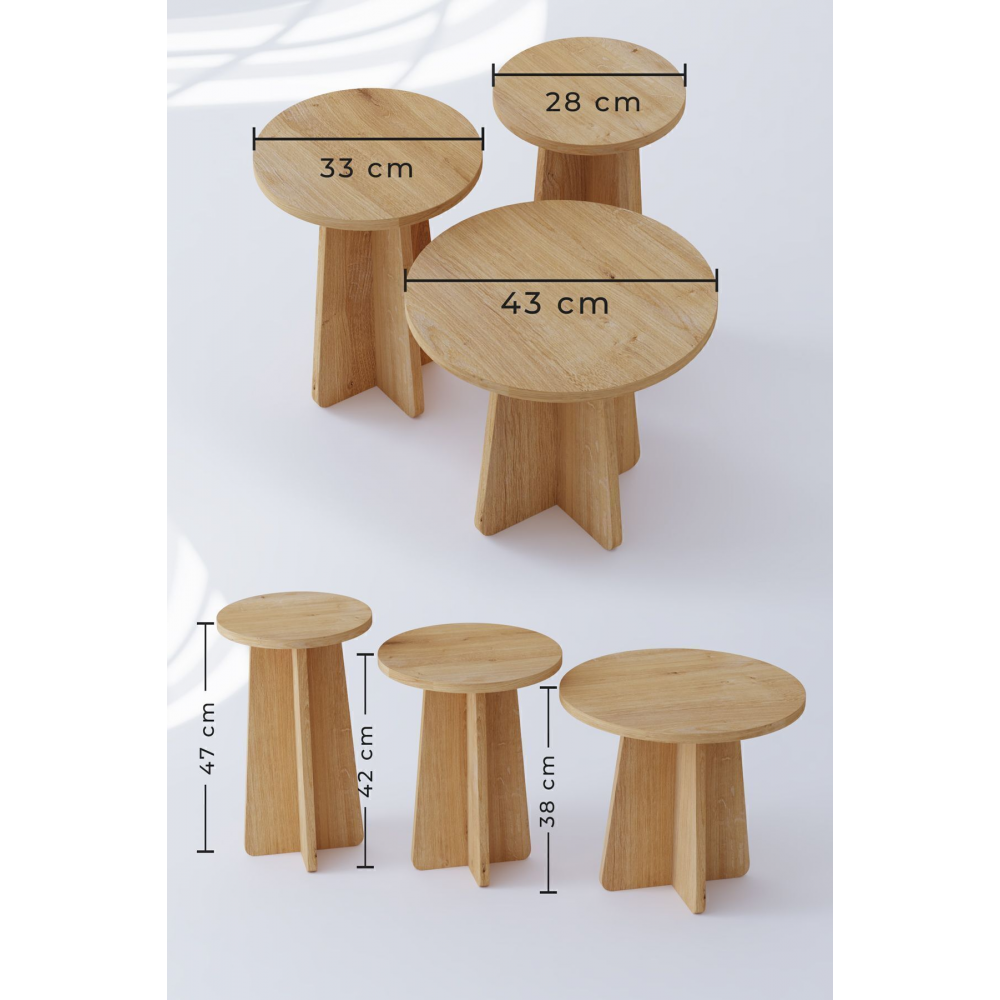 Mantar 3 Lü Zigon Sehpa Iskandinav Stili - Safir Meşe