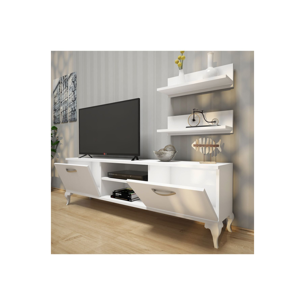 Rani A4 Duvar Raflı Tv Sehpası Kitaplıklı Tv Ünitesi Modern Ayaklı Tasarım 150 Cm Beyaz