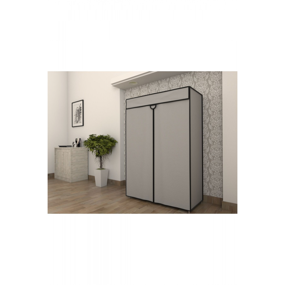 Çelik Borulu Plastik Raflı Gri Bez Dolap Gardırop