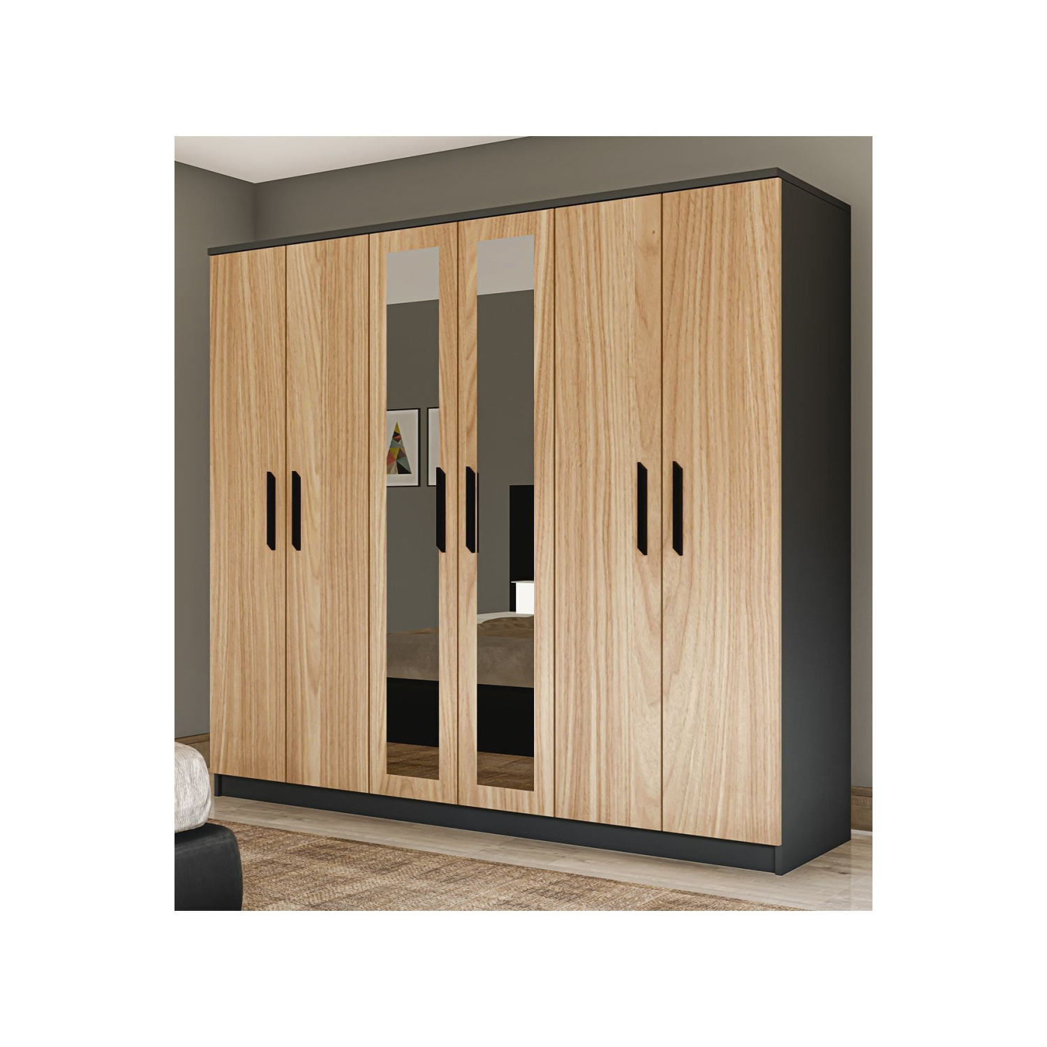 Gm 088 Favorite 6 Kapılı Aynalı Sonomo - Antrasit Gri Siyah Kulplu Gardırop