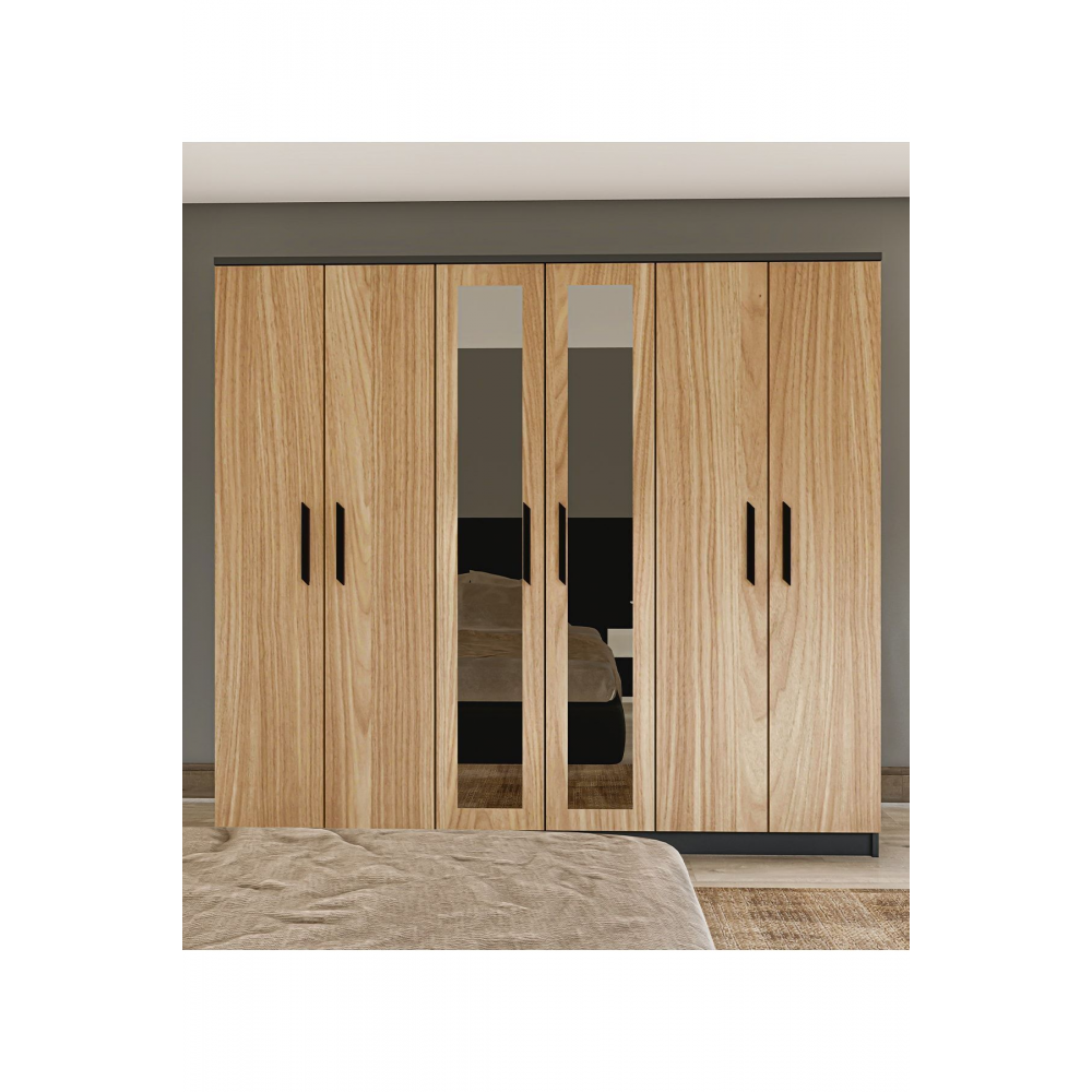 Gm 088 Favorite 6 Kapılı Aynalı Sonomo - Antrasit Gri Siyah Kulplu Gardırop