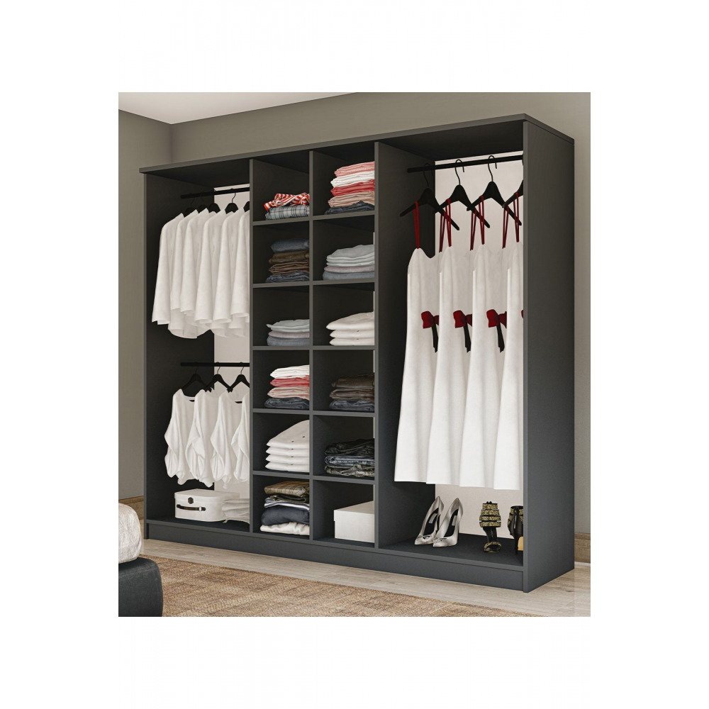 Gm 088 Favorite 6 Kapılı Aynalı Sonomo - Antrasit Gri Siyah Kulplu Gardırop