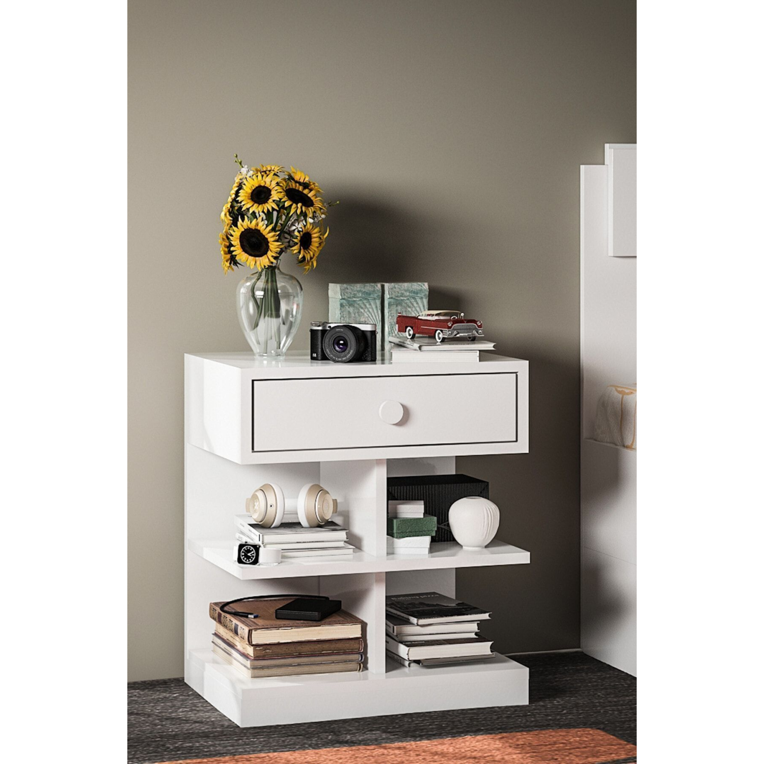 Ae-1043 Çınar Komodin Beyaz Tek Çekmeceli 4 Raflı Çok Amaçlı