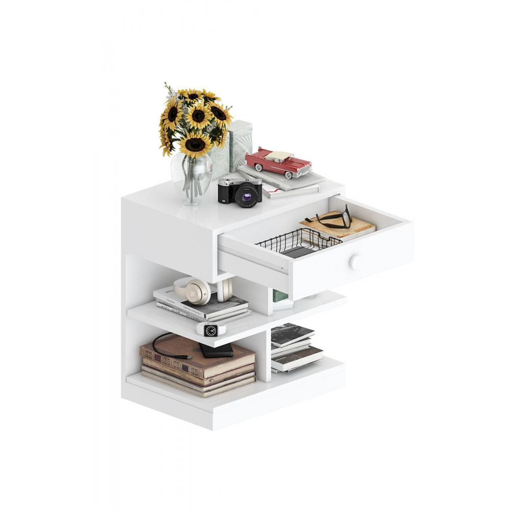 Ae-1043 Çınar Komodin Beyaz Tek Çekmeceli 4 Raflı Çok Amaçlı