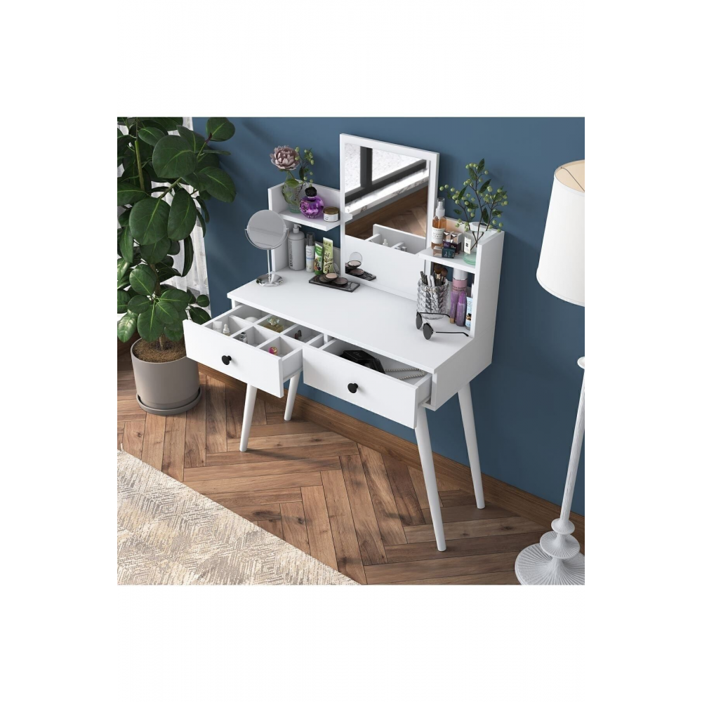 Rani Bj102 Makyaj Masası 2 Çekmeceli Raflı Aynalı Takı Düzenleyici Beyaz