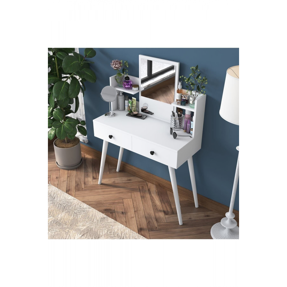 Rani Bj102 Makyaj Masası 2 Çekmeceli Raflı Aynalı Takı Düzenleyici Beyaz