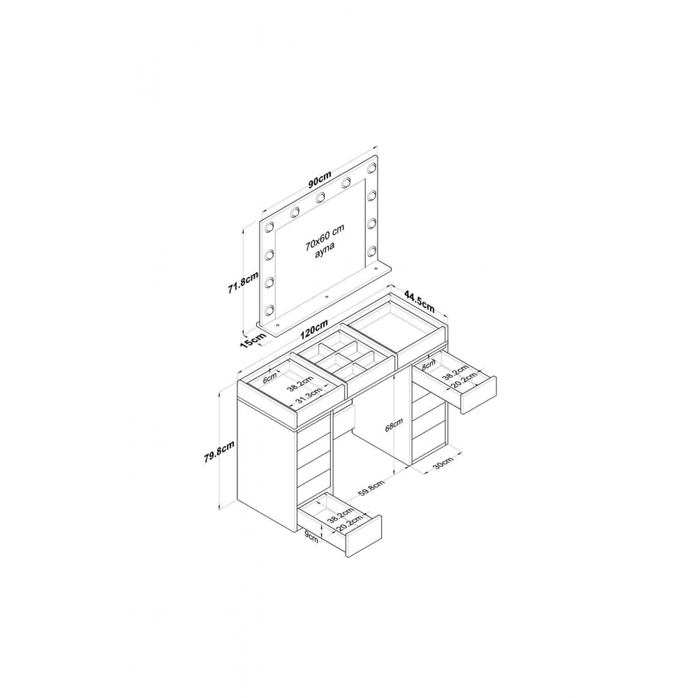 Rani Bj118 Hollywood Işıklı Aynalı Kulis Makyaj Masası Cam Tablalı Takı Düzenleyici Beyaz