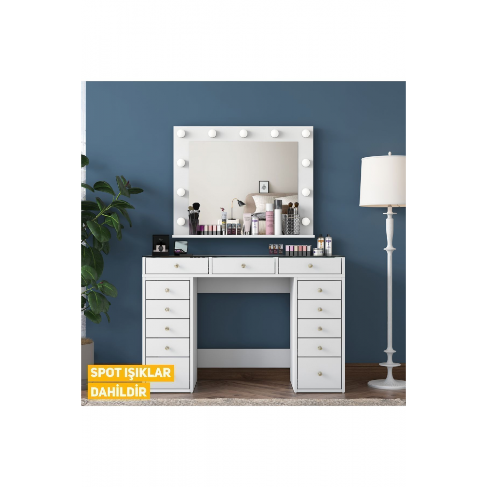 Rani Bj118 Hollywood Işıklı Aynalı Kulis Makyaj Masası Cam Tablalı Takı Düzenleyici Beyaz