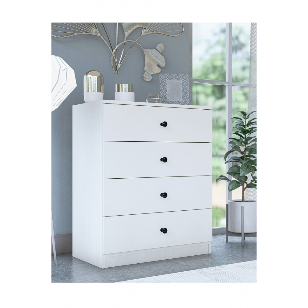 Gm 083 Almina 4 Çekmeceli Düğme Kulplu Beyaz Şifonyer