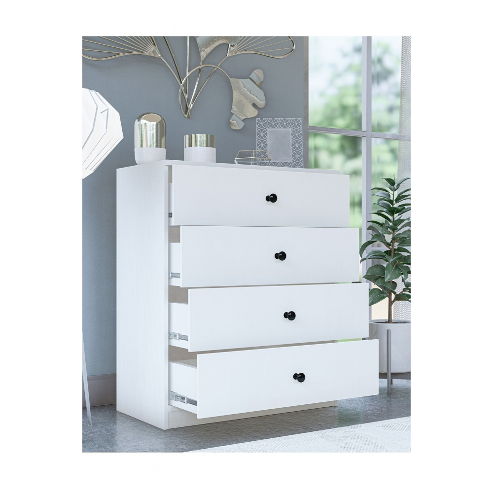 Gm 083 Almina 4 Çekmeceli Düğme Kulplu Beyaz Şifonyer