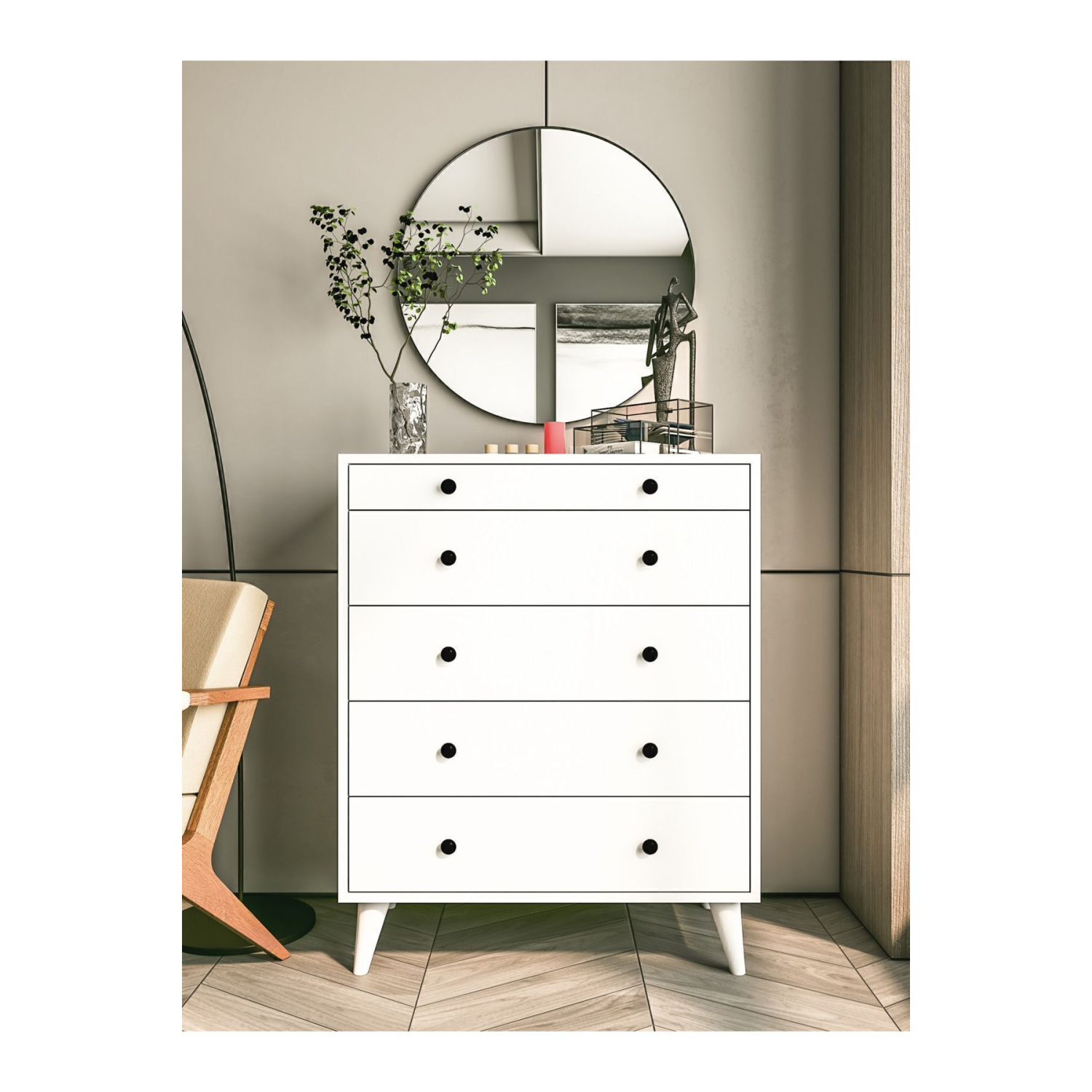 Şifonyer Parlak Beyaz 5 Çekmeceli Country Şifonyer Komodin Ahşap