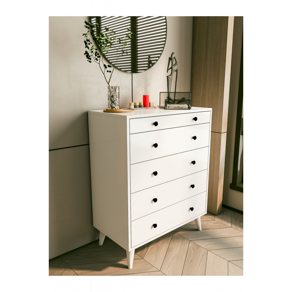 Şifonyer Parlak Beyaz 5 Çekmeceli Country Şifonyer Komodin Ahşap