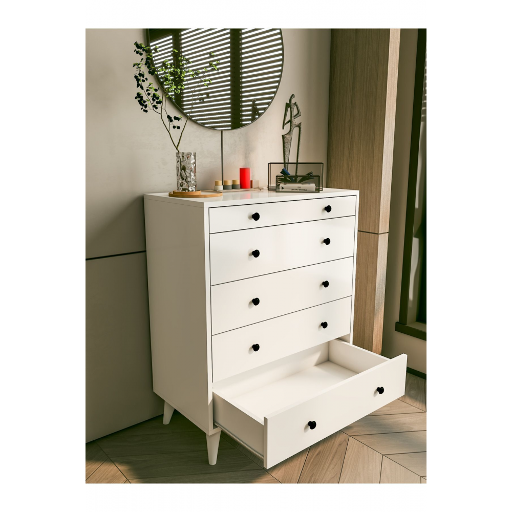 Şifonyer Parlak Beyaz 5 Çekmeceli Country Şifonyer Komodin Ahşap