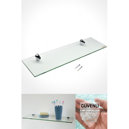 Cam Etejer Rafı - Cam Raf - Banyo Rafı - Duvar Rafı - Mutfak Rafı 12x50cm Temperli Şeffaf Cam