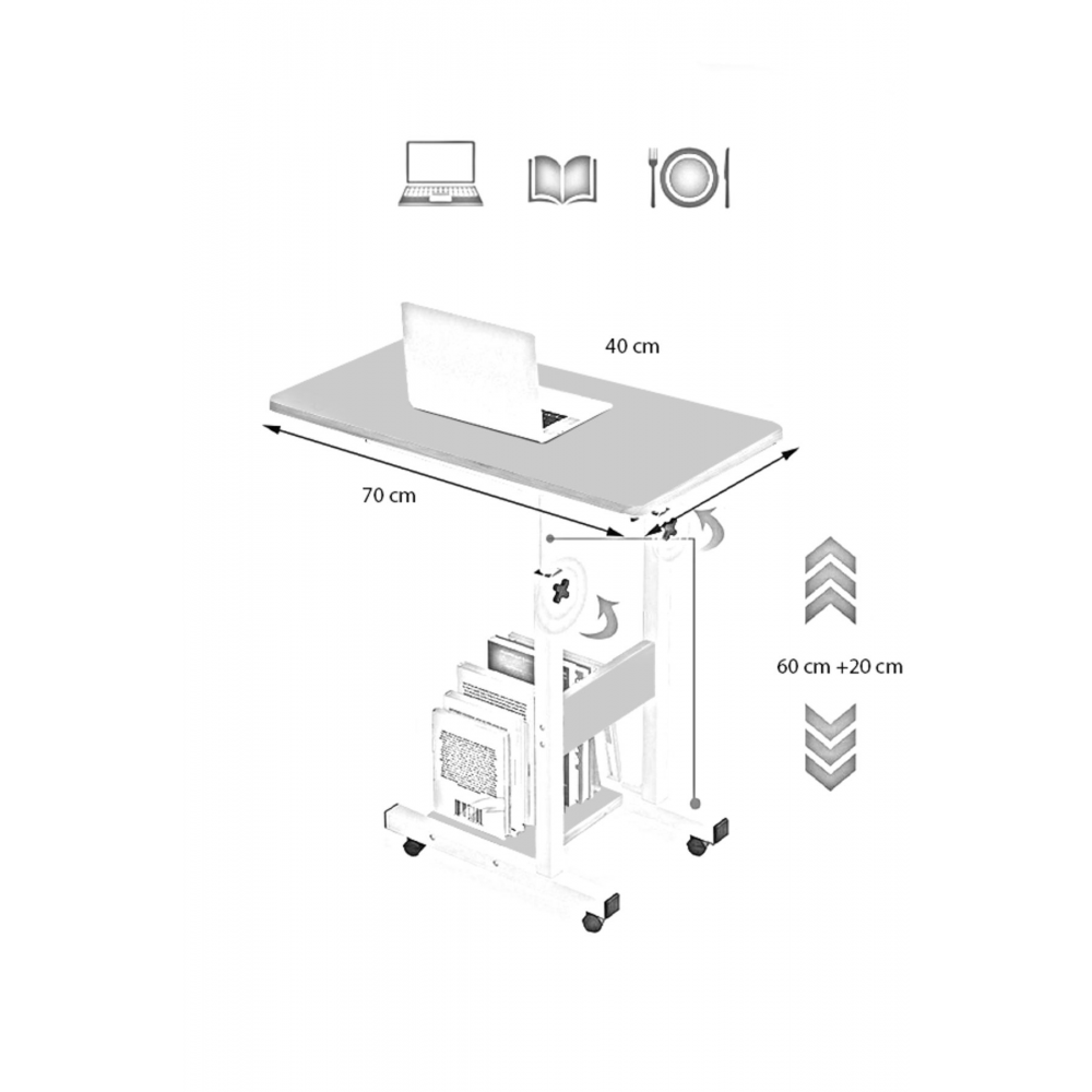 Yükseklik Ayarlı Hasta Sehpası - Atlantik Çam 70x40 (Tekerli) Oval Kenar