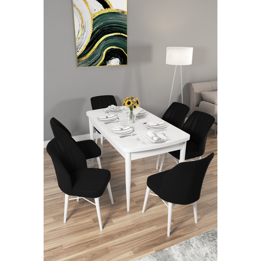 Arel Beyaz 80x132 Mdf Açılabilir Mutfak Masası Takımı 6 Adet Sandalye