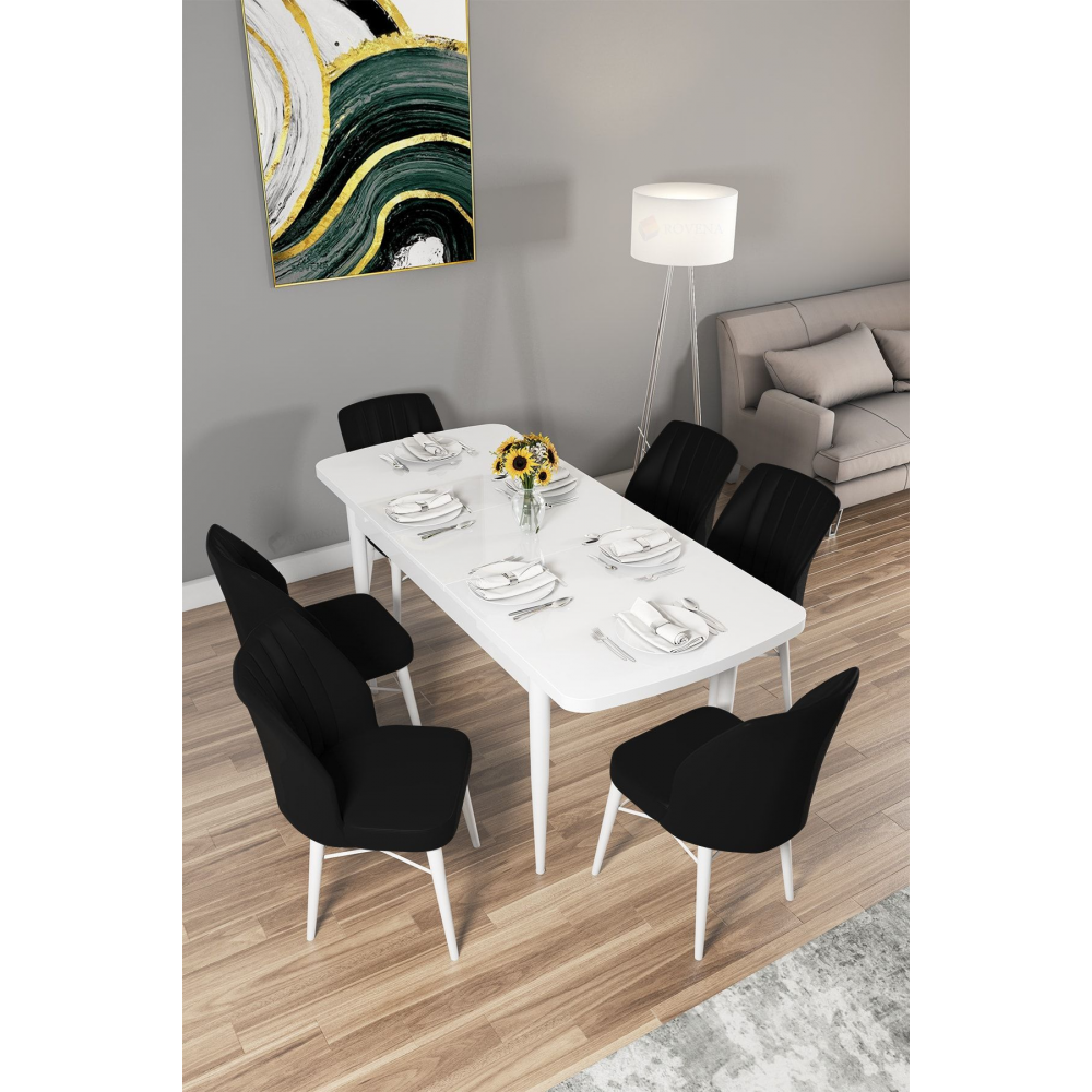 Arel Beyaz 80x132 Mdf Açılabilir Mutfak Masası Takımı 6 Adet Sandalye