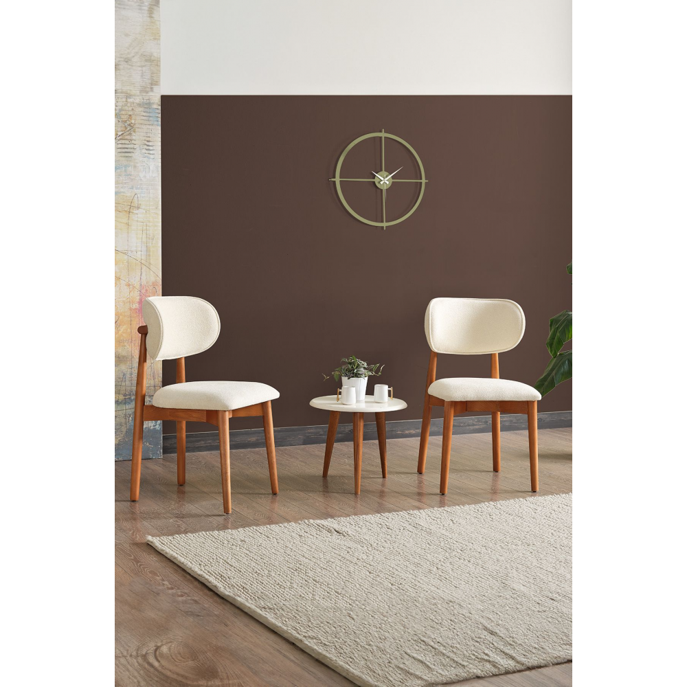 Polo Bukle Kumaş 2’li Ahşap Lüks Sandalye Krem