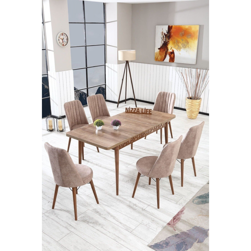 Perla Çizgili Ceviz Yemek Masası Mutfak Masası Açılır Masa Takımı 6 Sandalyeli Açık Cappucino