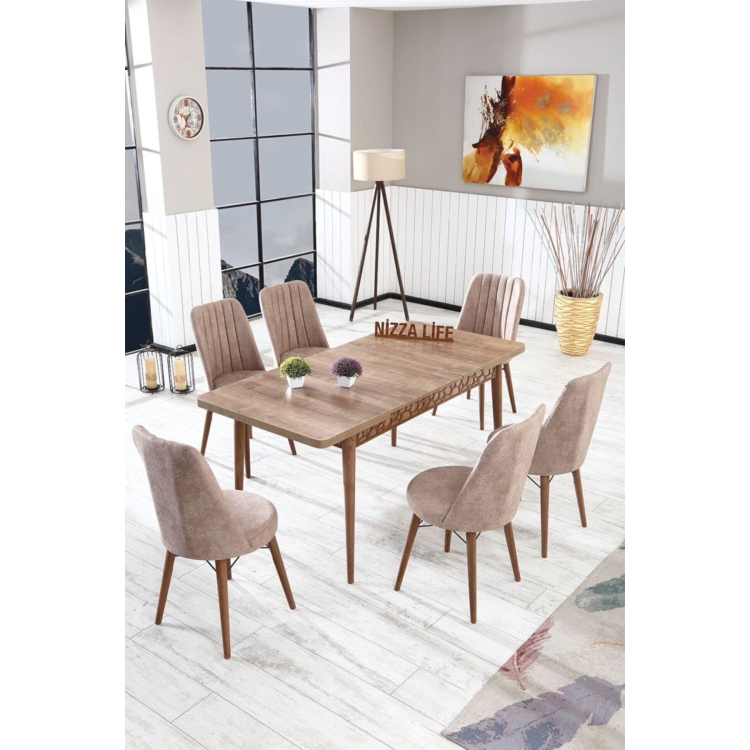 Perla Çizgili Ceviz Yemek Masası Mutfak Masası Açılır Masa Takımı 6 Sandalyeli Açık Cappucino