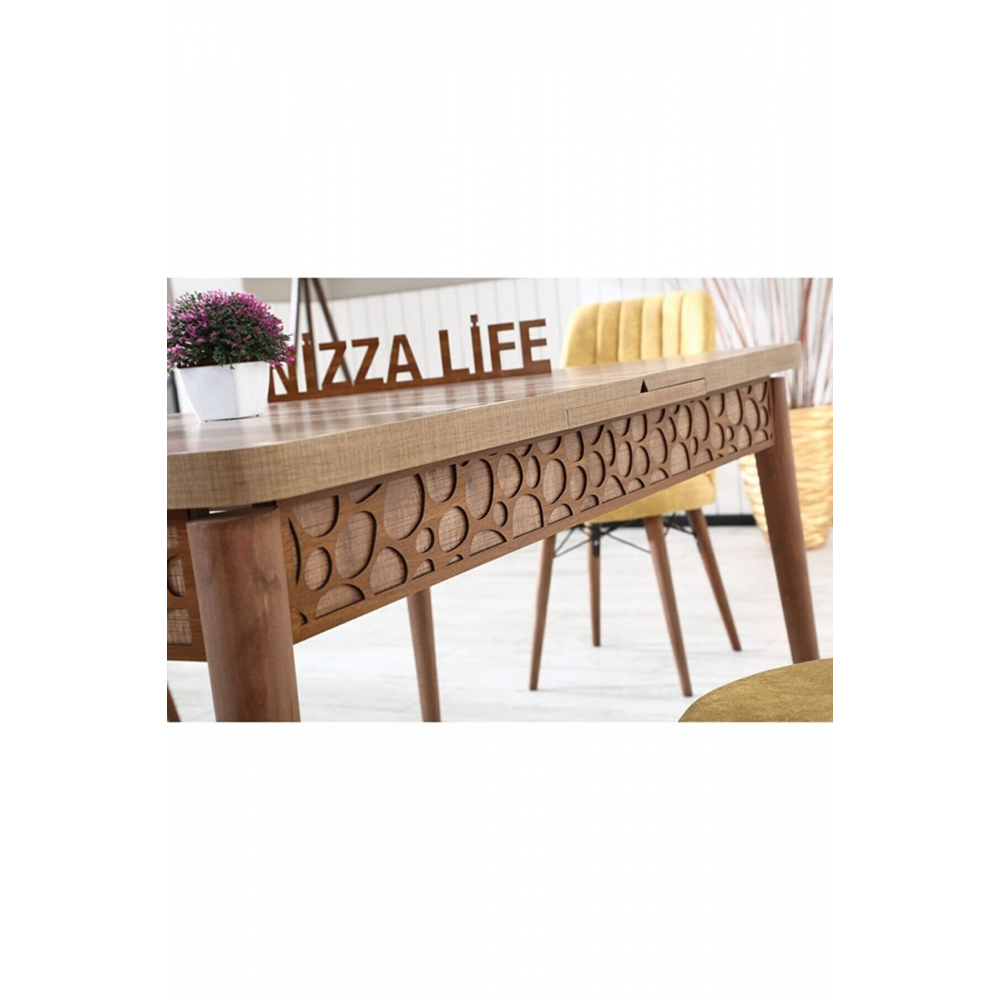 Perla Çizgili Ceviz Yemek Masası Mutfak Masası Açılır Masa Takımı 6 Sandalyeli Açık Cappucino