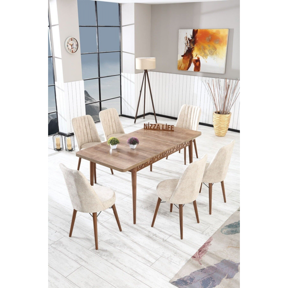 Perla Çizgili Ceviz Yemek Masası Mutfak Masası Açılır Masa Takımı 6 Sandalyeli Krem