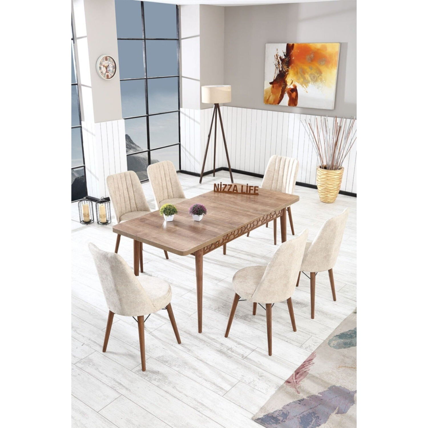 Perla Çizgili Ceviz Yemek Masası Mutfak Masası Açılır Masa Takımı 6 Sandalyeli Krem