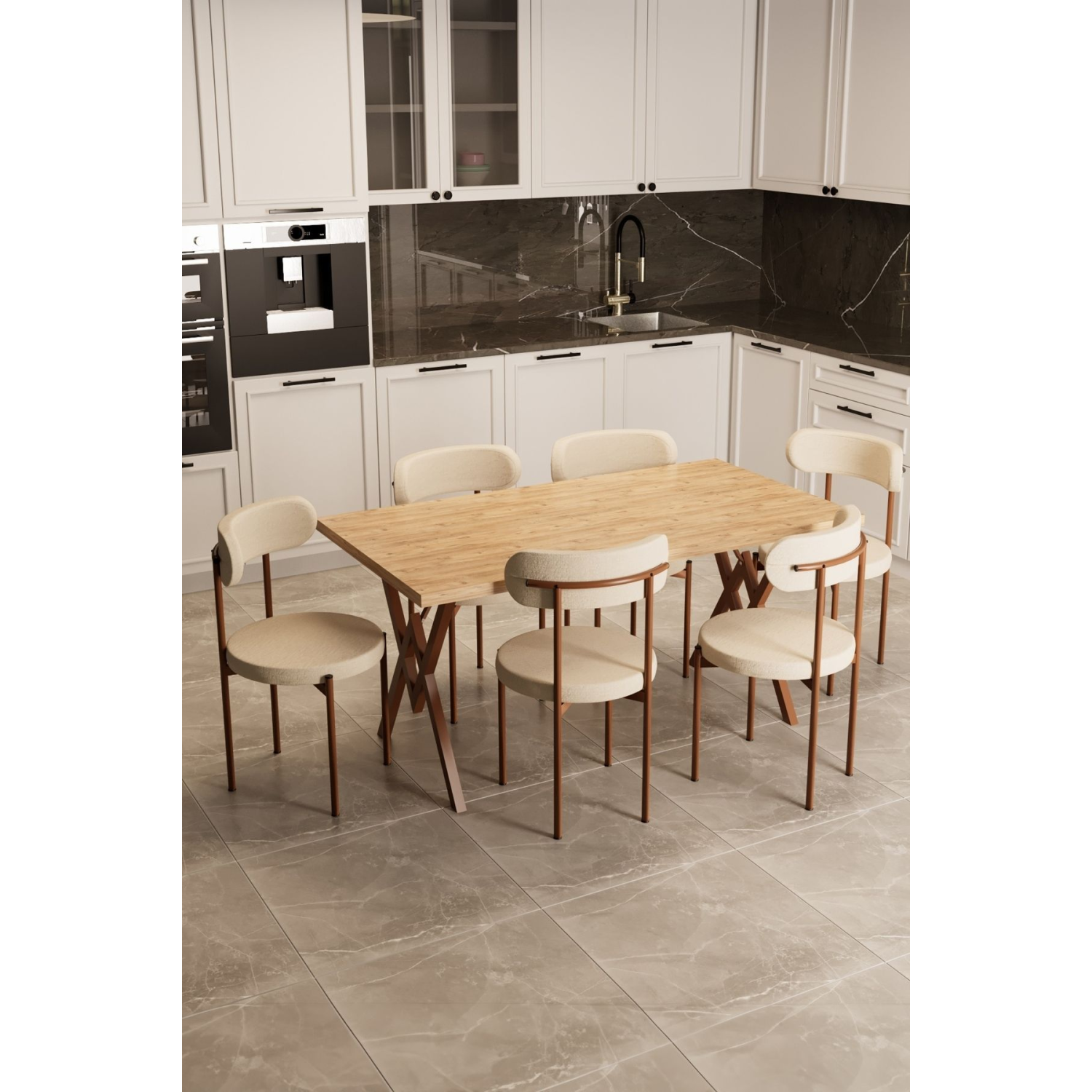 Trend 6 Kişilik Mutfak Masa Takımı Atlantik Çam-Krem-Kahve