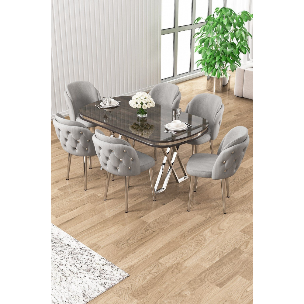 Zae Serisi 90x168 Lak Panel Antrasit Ironi krom Ayak Masa Takımı 6 Gri Sandalye