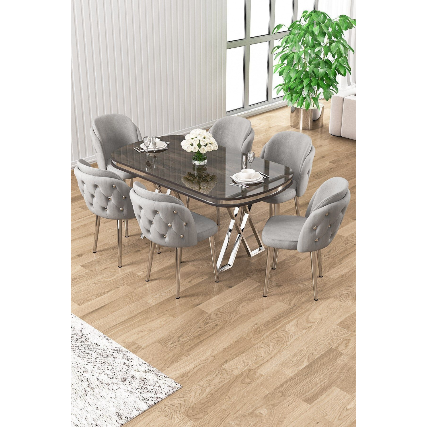 Zae Serisi 90x168 Lak Panel Antrasit Ironi krom Ayak Masa Takımı 6 Gri Sandalye