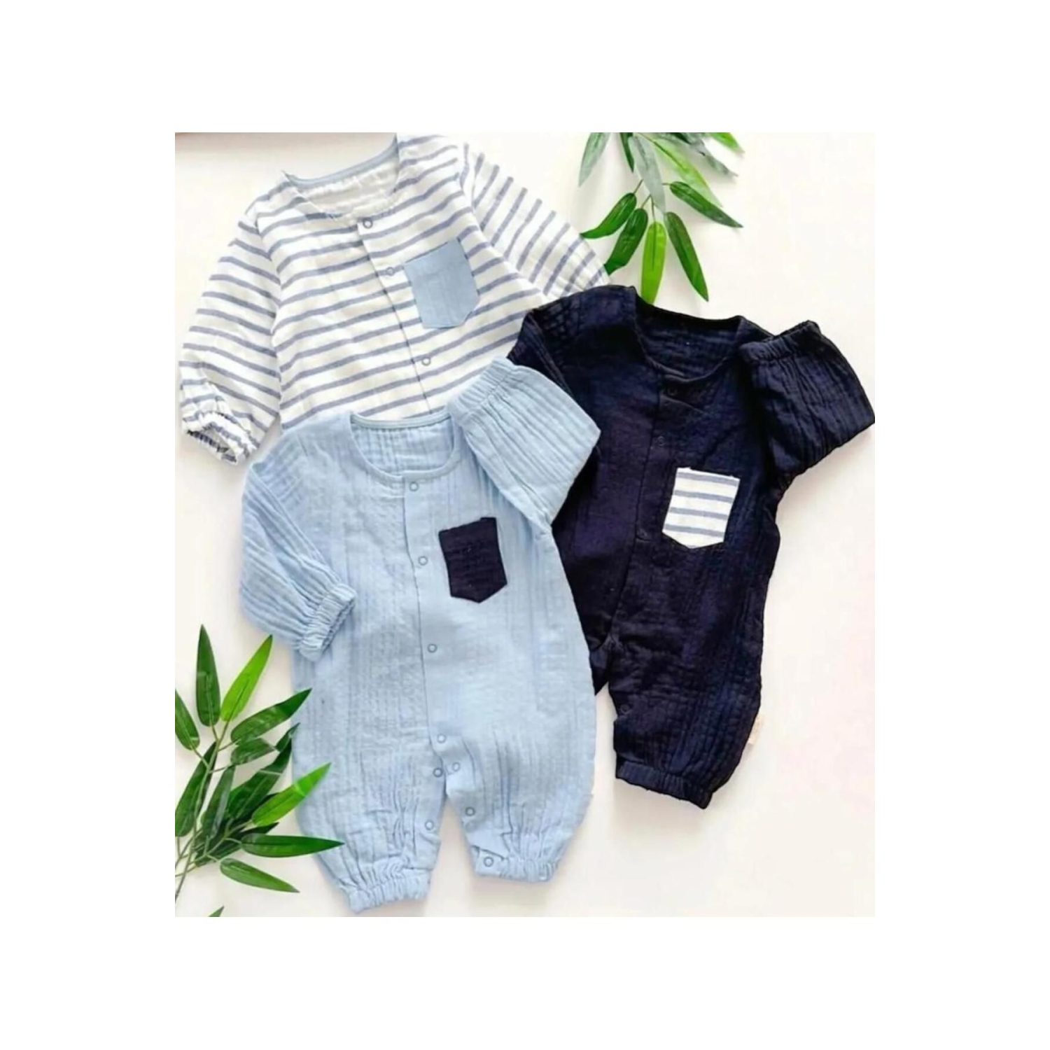 Altıntaş Baby Boydan Çıtçıtlı Çizgi Detaylı Asorti Muslin Mevsimlik 3'lü Tulum Set