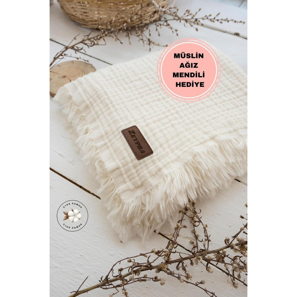 Ekru Müslin Püsküllü 4 Katlı Müslin 110x110cm Pamuksu Yumuşaklık / Pamuk Müslin