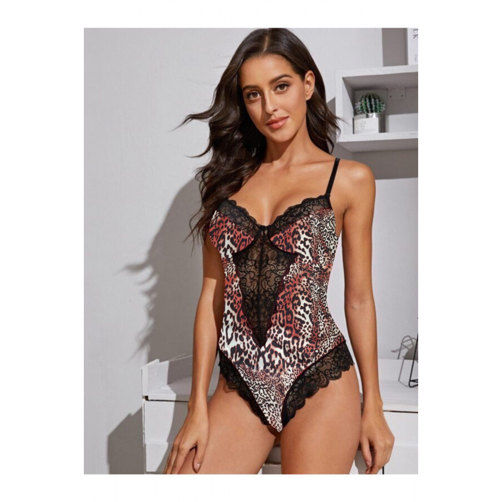 Kadın Leopar Dantel Detaylı Askılı Fantezi Babydoll Sexy Fantazi Tulum Seksi Elbise