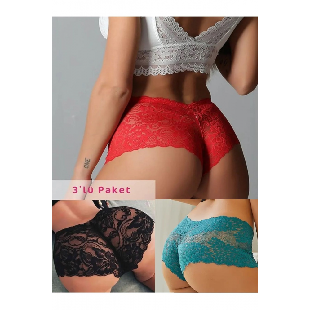 Gecko Dantelli Şort Boxer Kadın Külot 3'lü