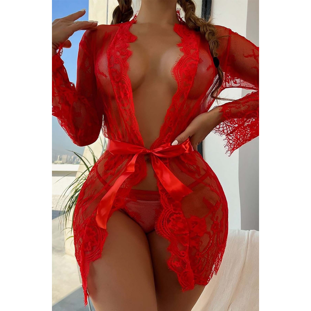 Dantel Kırmızı Sabahlık Takımı