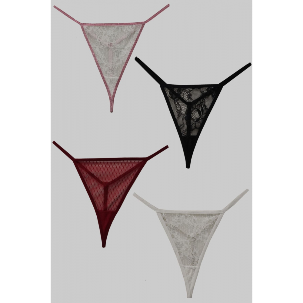 Kadın Tül Dantelli Fantezi 4'lü Paket Lastikli String Tanga Külot