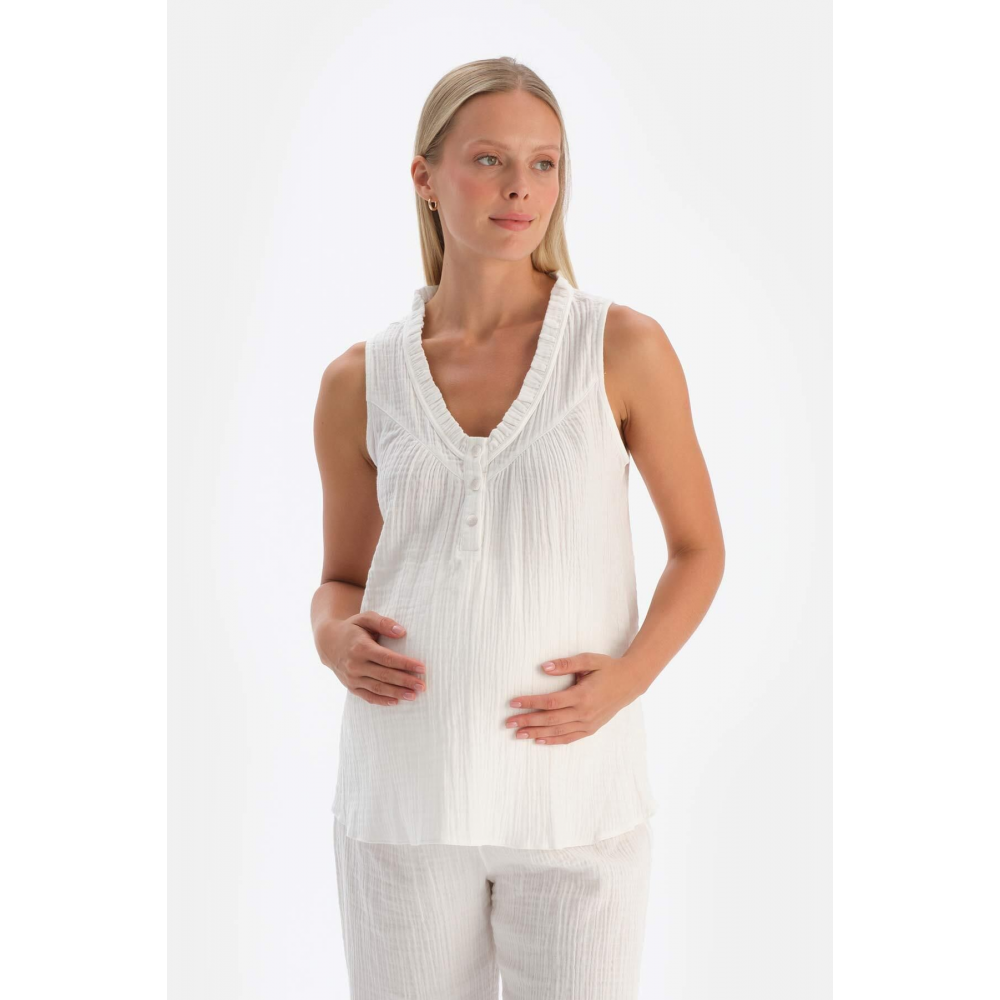 Beyaz Fırfırlı Patlı Müslin Hamile Pijama Üstü