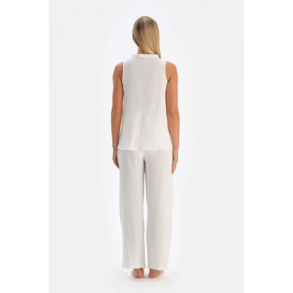 Beyaz Fırfırlı Patlı Müslin Hamile Pijama Üstü